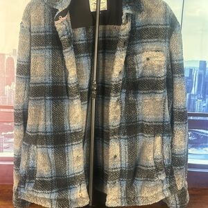 Men's Blue and Gray Plaid Shirt Jacket
